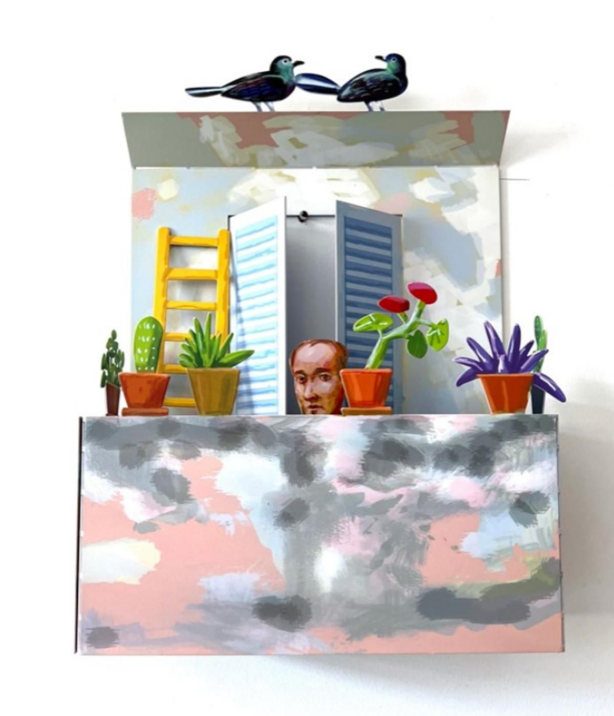 David Gerstein- Mixed Media Cutout Aluminum "Balcony with Man"