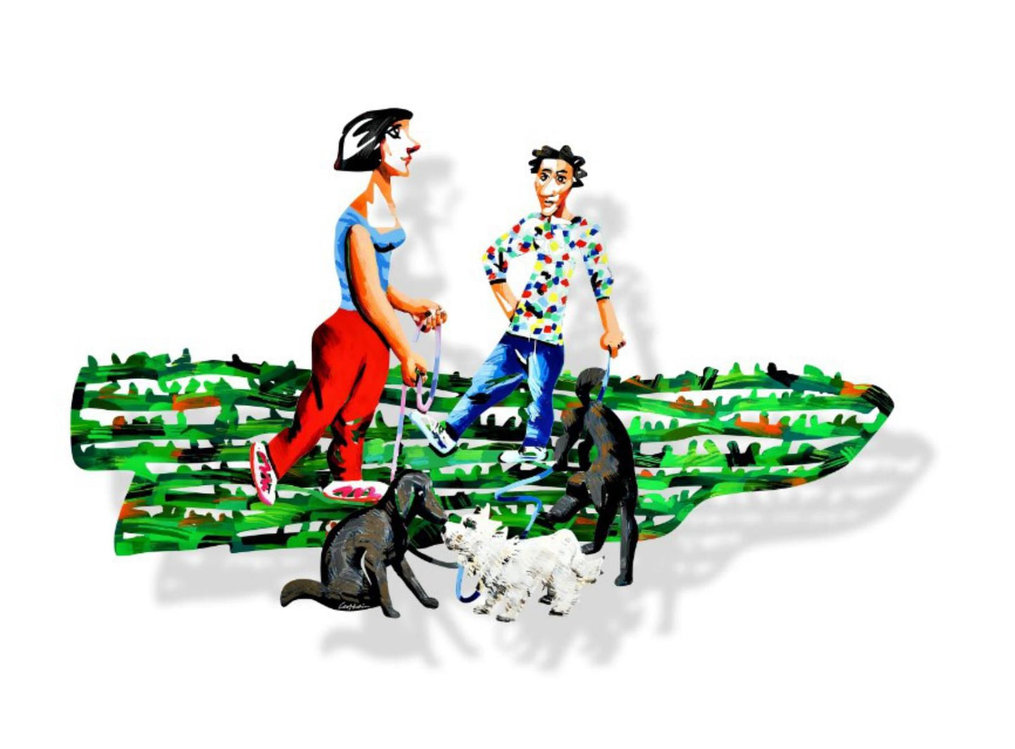 David Gerstein- Mixed Media Cutout Aluminum "Dog Walkers"