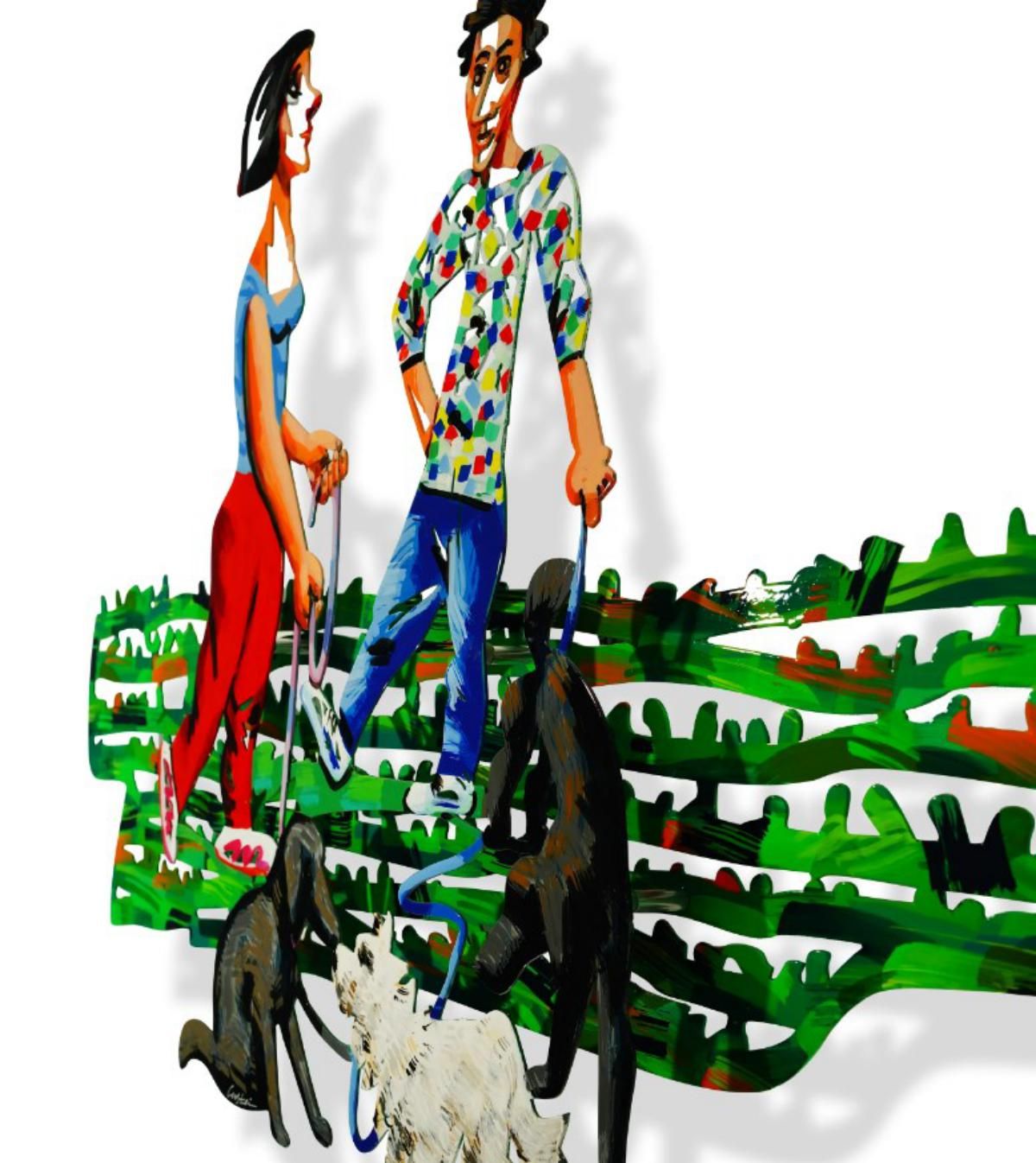 David Gerstein- Mixed Media Cutout Aluminum "Dog Walkers"