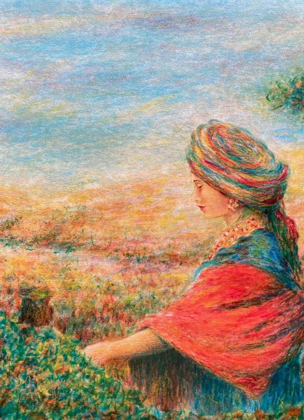 Itzhak Tordjman- Pastel paint over lithograph on paper "From the Woman of Valor series"