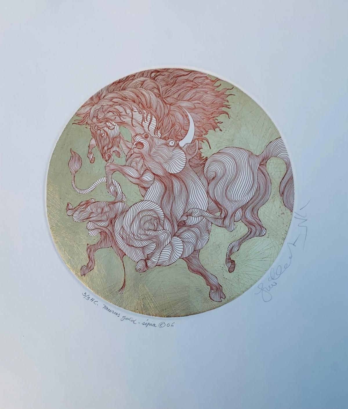 Guillaume Azoulay- Vintage etching on paper with hand laid gold leaf