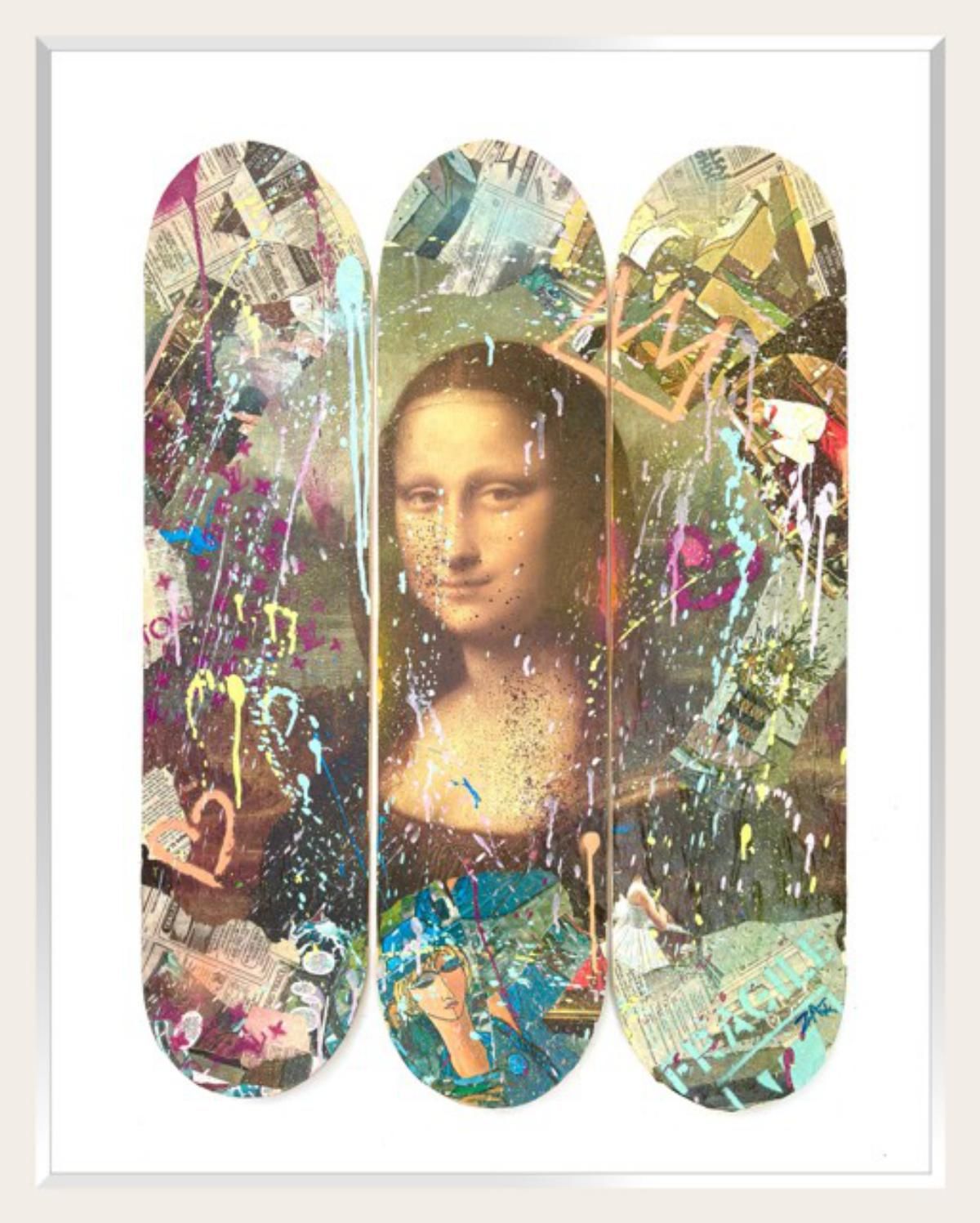E.M. Zax- 1/1 mixed media collage and paints  on 3X wood Skatboard decks