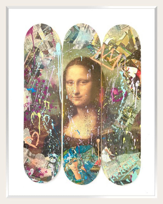 E.M. Zax- 1/1 mixed media collage and paints  on 3X wood Skatboard decks