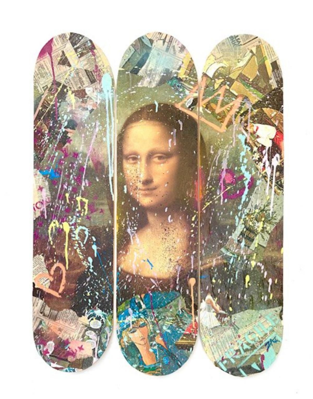 E.M. Zax- 1/1 mixed media collage and paints  on 3X wood Skatboard decks