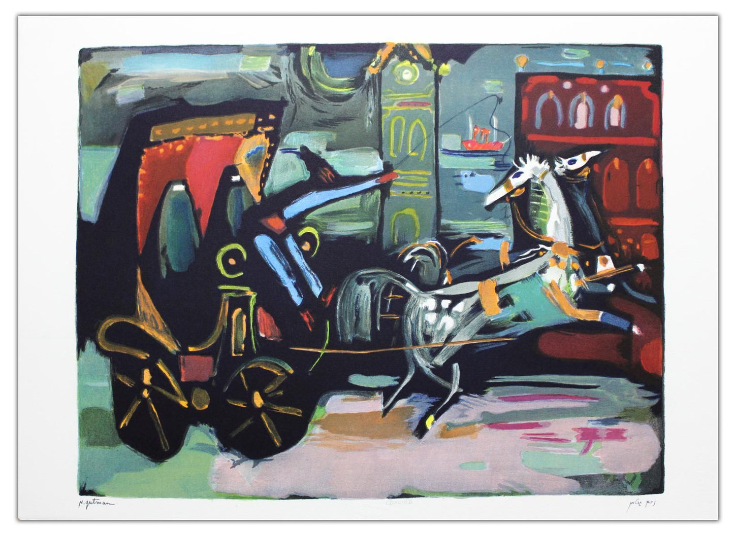 Nachum Gutman- Original Lithograph "Carriage By The Clock"