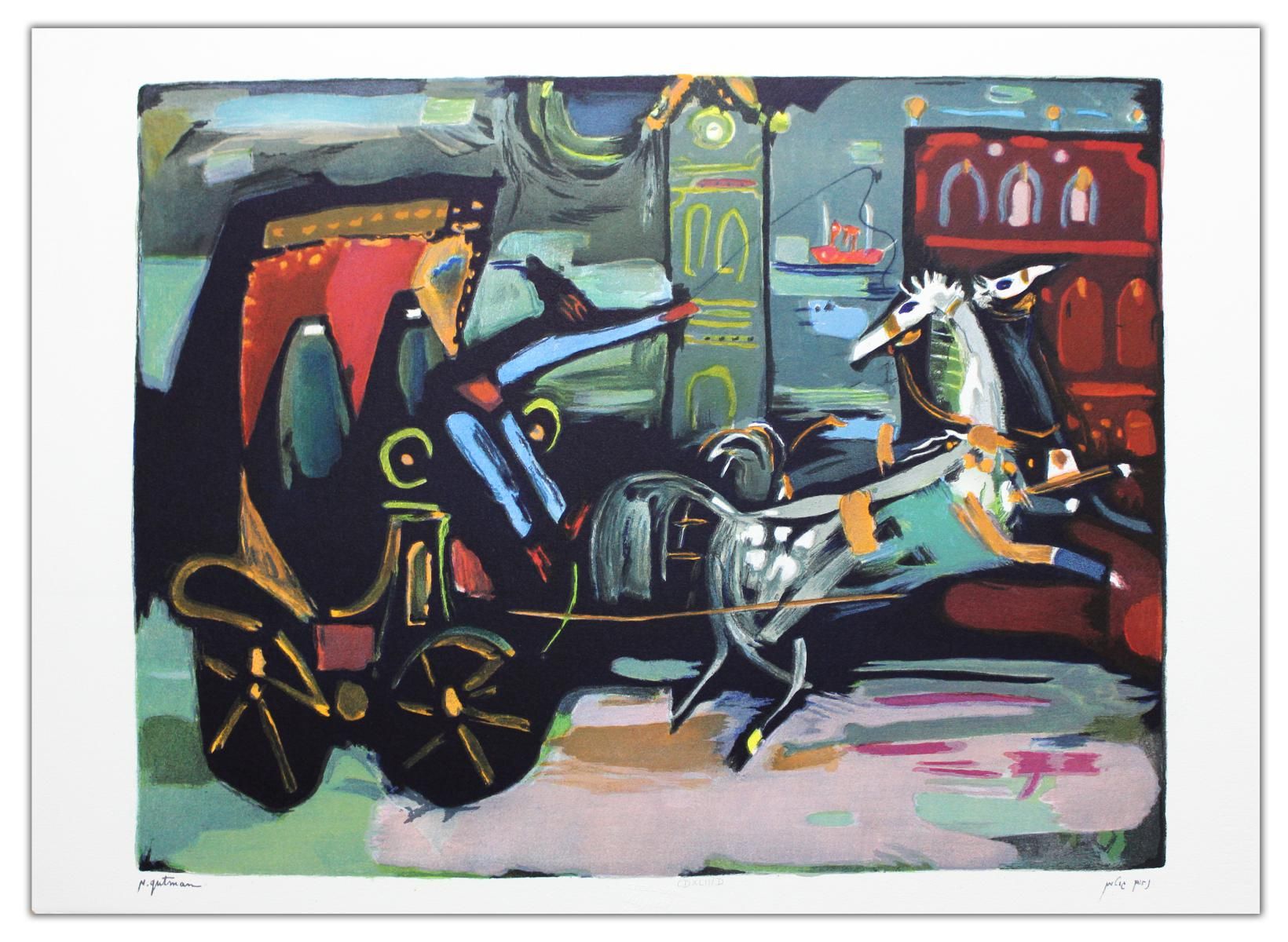 Nachum Gutman- Original Lithograph "Carriage By The Clock"