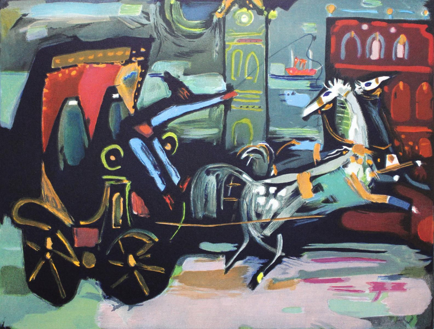 Nachum Gutman- Original Lithograph "Carriage By The Clock"