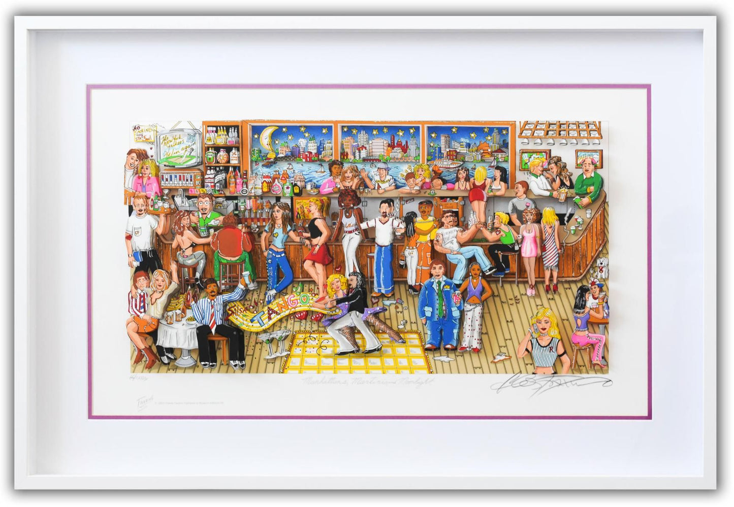 Charles Fazzino- 3D Construction Silkscreen Serigraph "Manhattans, Martinis and Moonlight (Pink)"