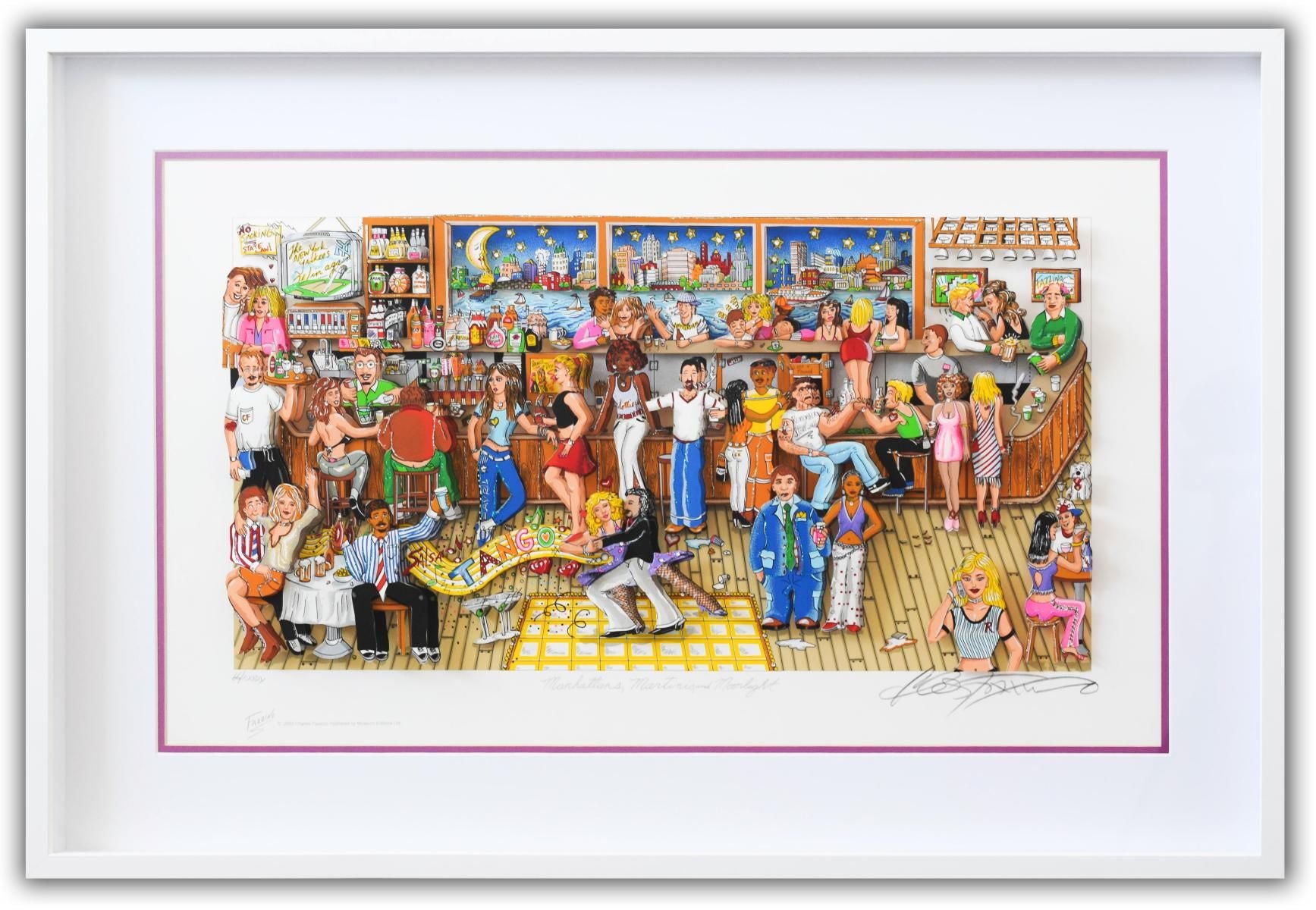 Charles Fazzino- 3D Construction Silkscreen Serigraph "Manhattans, Martinis and Moonlight (Pink)"