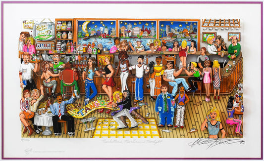 Charles Fazzino- 3D Construction Silkscreen Serigraph "Manhattans, Martinis and Moonlight (Pink)"