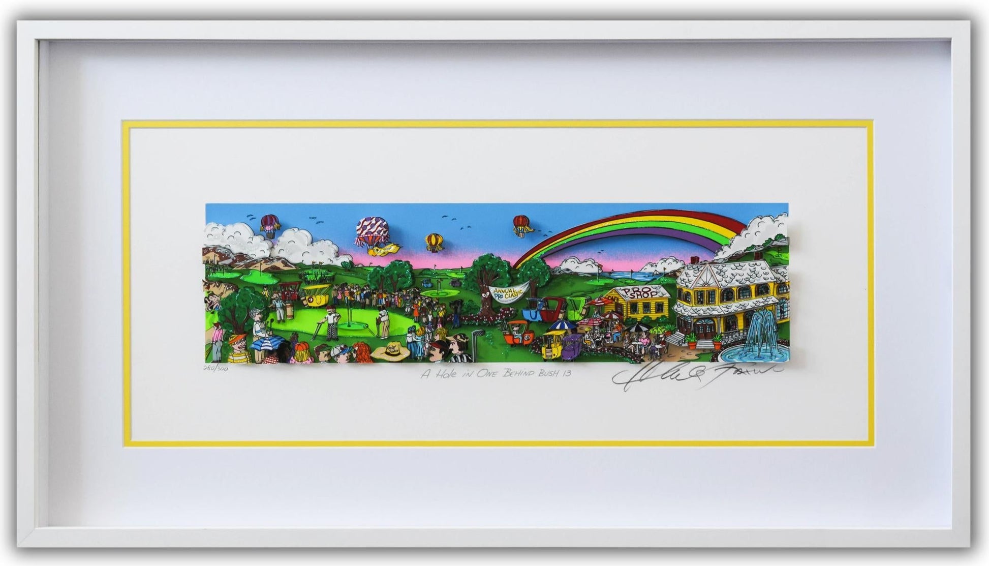 Charles Fazzino- 3D Construction Silkscreen Serigraph "A Hole In One Behind Bush 13 (Yellow)"