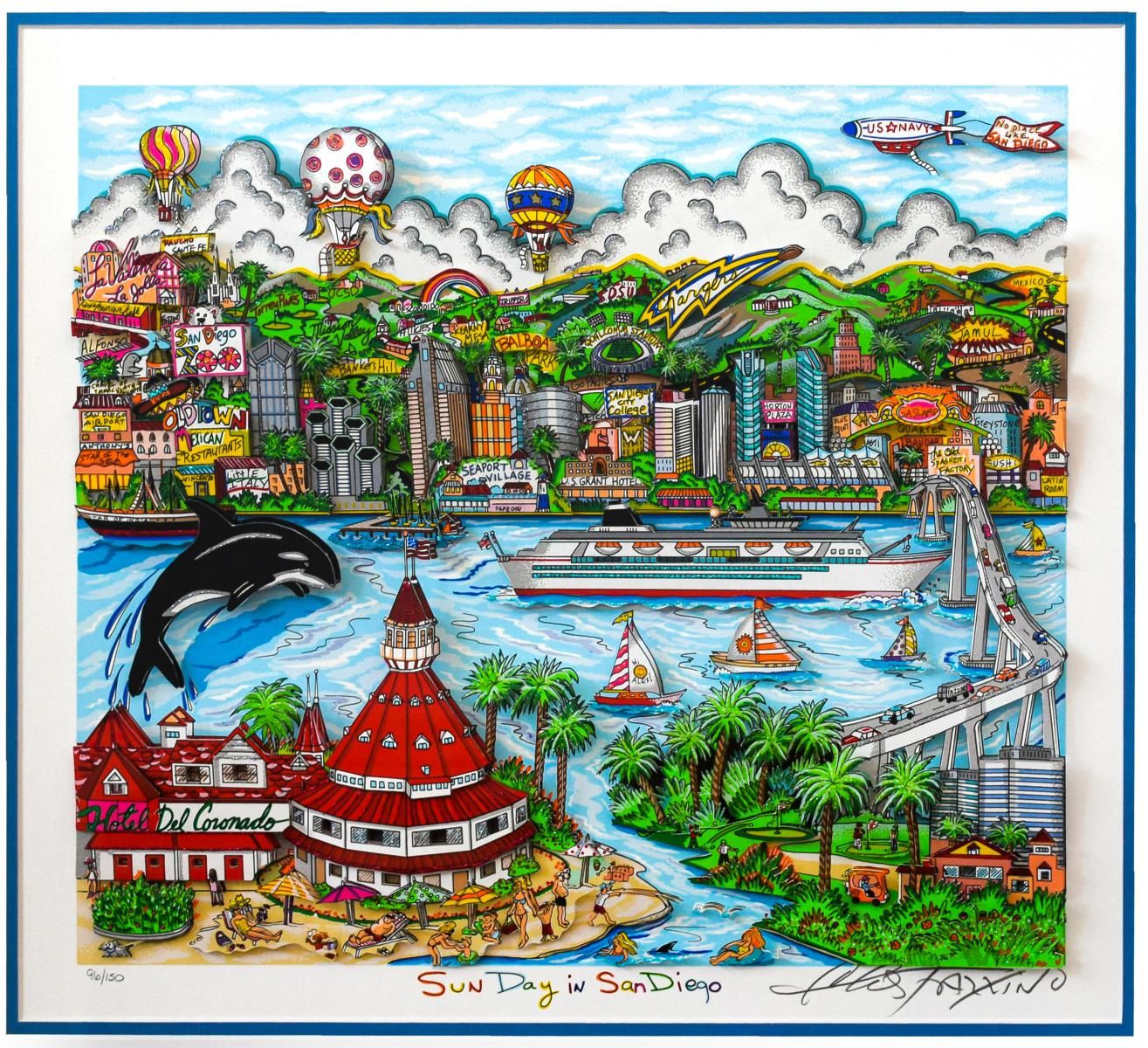 Charles Fazzino- 3D Construction Silkscreen Serigraph "Sun Day in San Diego (Blue)"