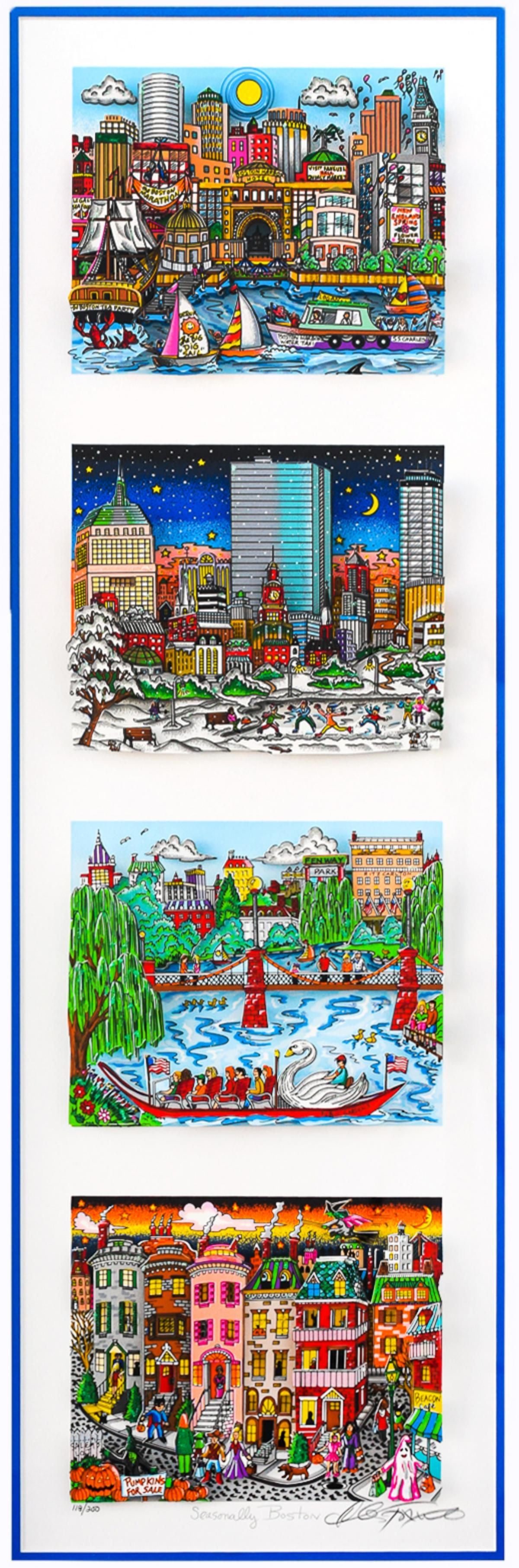 Charles Fazzino- 3D Construction Silkscreen Serigraph "Seasonally Boston (Blue)"