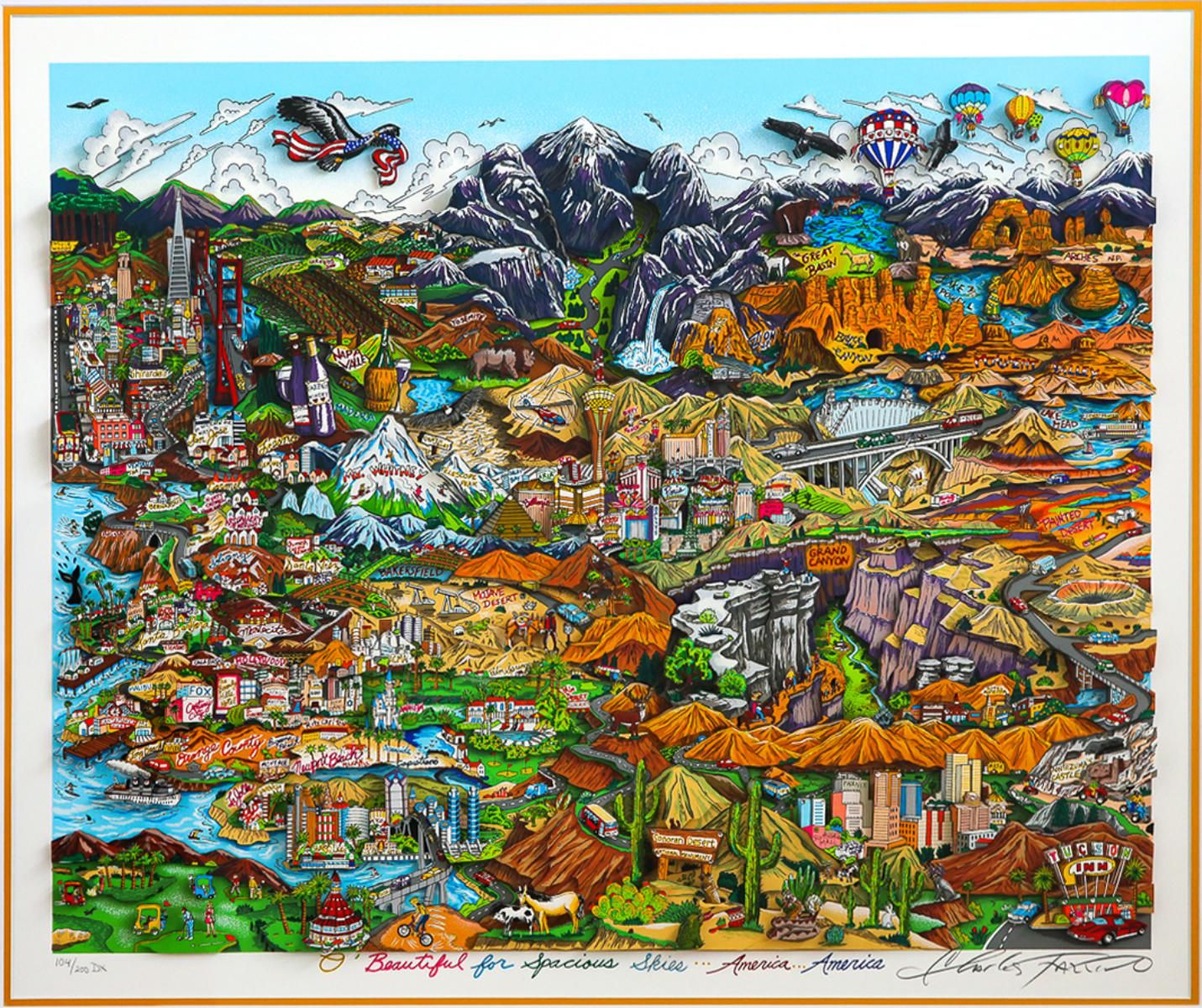 Charles Fazzino- 3D Construction Silkscreen Serigraph "O BEAUTIFUL FOR SPACIOUS SKIES, AMERICA, AMERICA (Orange)"