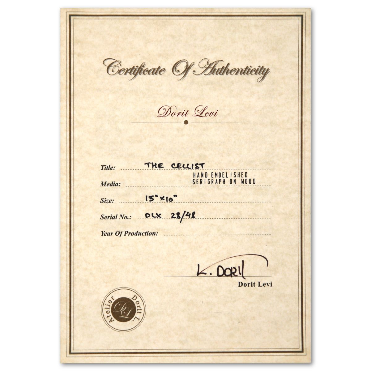 Dorit Levy- Hand Emelished Serigraph on Wood "The Cellist"