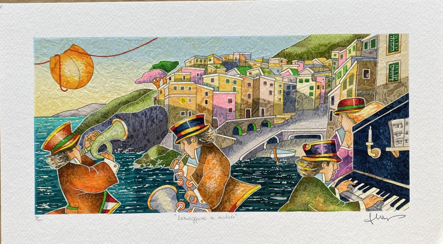 Francesco Nesi- Original Serigraph on Paper "RIOMAGGIORE IN MUSICA"