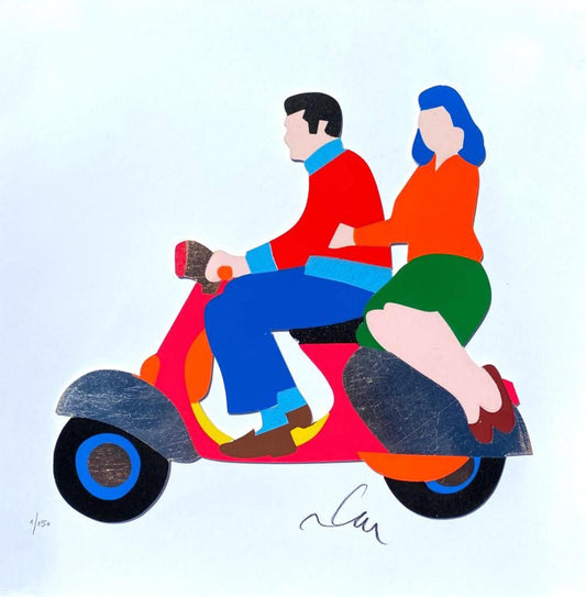 Marco Lodola- Original Serigraph on Paper with golden leaf "LOVE IN VESPA"