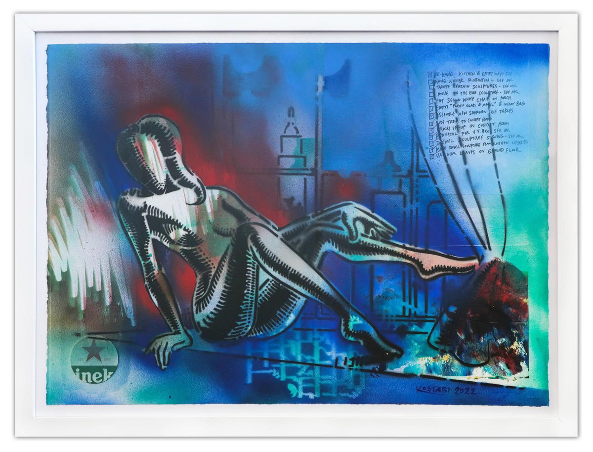 Mark Kostabi- Original Mixed Media on Paper "Dreaming of Happy Hour, 2022"