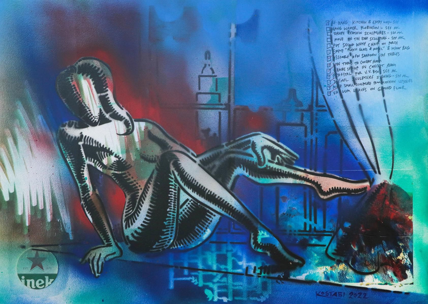 Mark Kostabi- Original Mixed Media on Paper "Dreaming of Happy Hour, 2022"