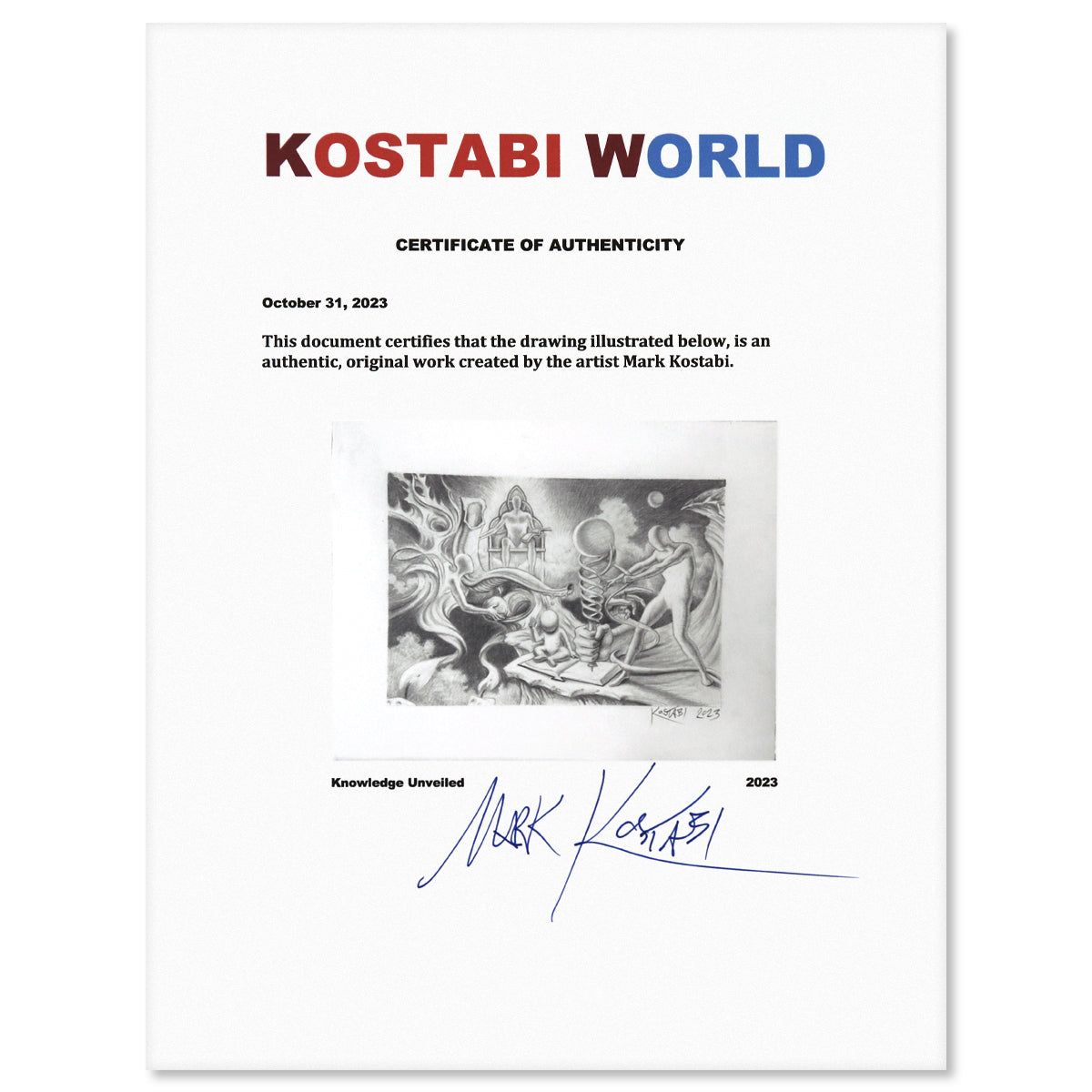 Mark Kostabi- Original Drawing on Paper "Knowledge Unvelled"