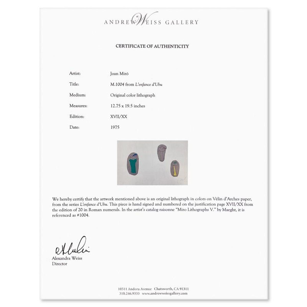 Joan Miro (1893-1983), "M. 1004 from L'enfance d'Ubu" Framed Limited Edition Lithograph, Hand Signed with Certificate of Authenticity.