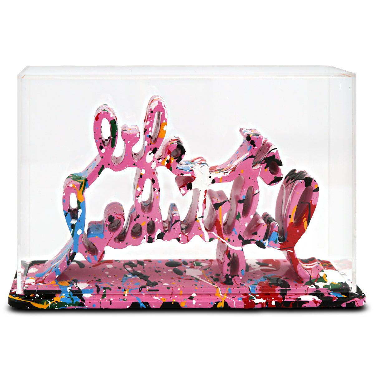 Mr Brainwash- Acrylic Dipped and Splashed Cast Resin Sculpture in Plexiglass Enclosure "Life Is Beautiful - Dipped Bubblegum Splash, 2020"