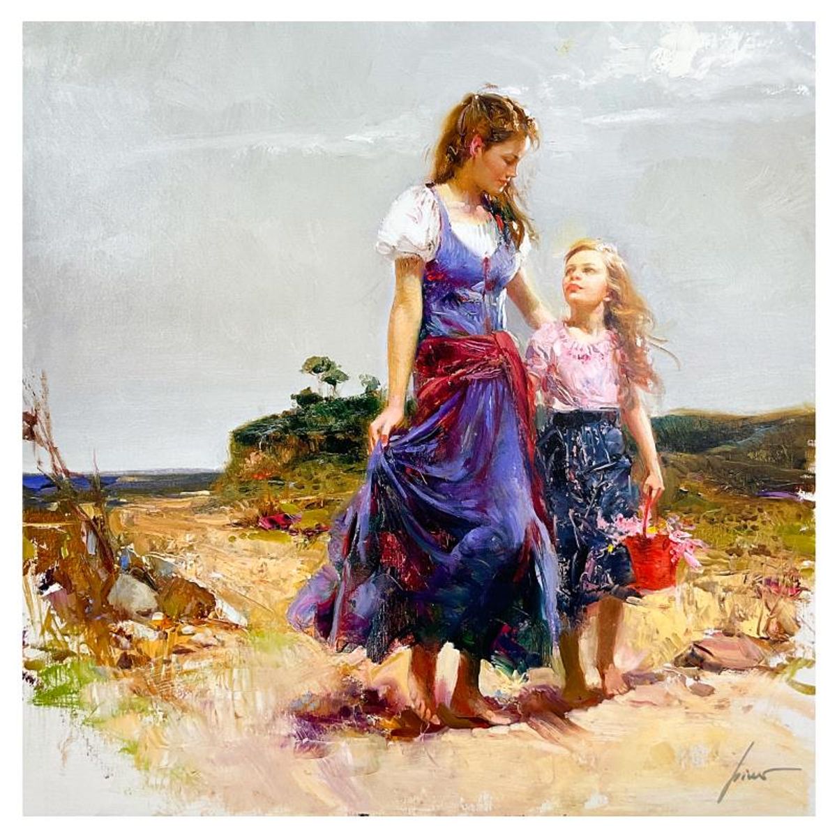 Pino (1939-2010), "Gathering Wildflowers" Limited Edition on Canvas, Numbered and Hand Signed with Certificate of Authenticity.
