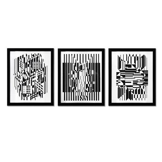 Victor Vasarely (1908-1997), "Tilla, Calcis, et Afa de la serie Lineaires (Triptych)" Framed 1973 Heliogravure Prints with Letter of Authenticity