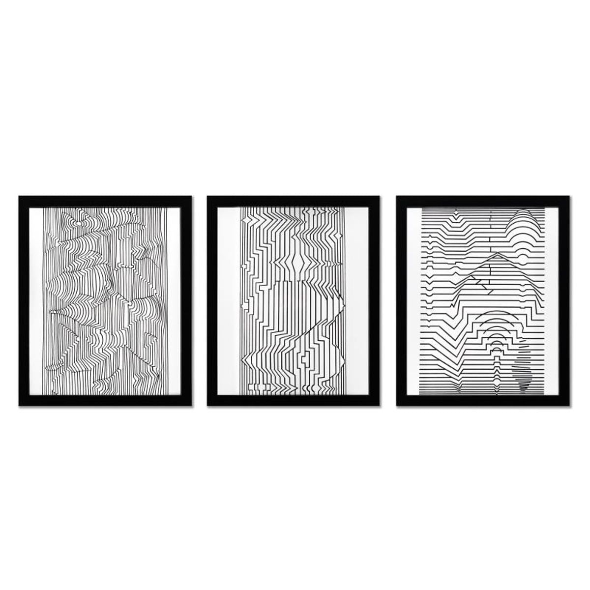 Victor Vasarely (1908-1997), "Naissances - I, Naissances - III, et Ebi-Noor de la serie Ondulatoires (Triptych)" Framed 1973 Heliogravure Prints with Letter of Authenticity