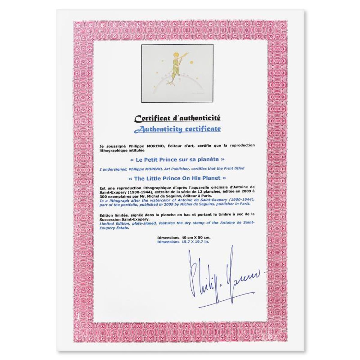 Antoine de Saint-Exupery 1900-1944 (After), "The Little Prince On His Planet" Framed Limited Edition Lithograph with Certificate of Authenticity.