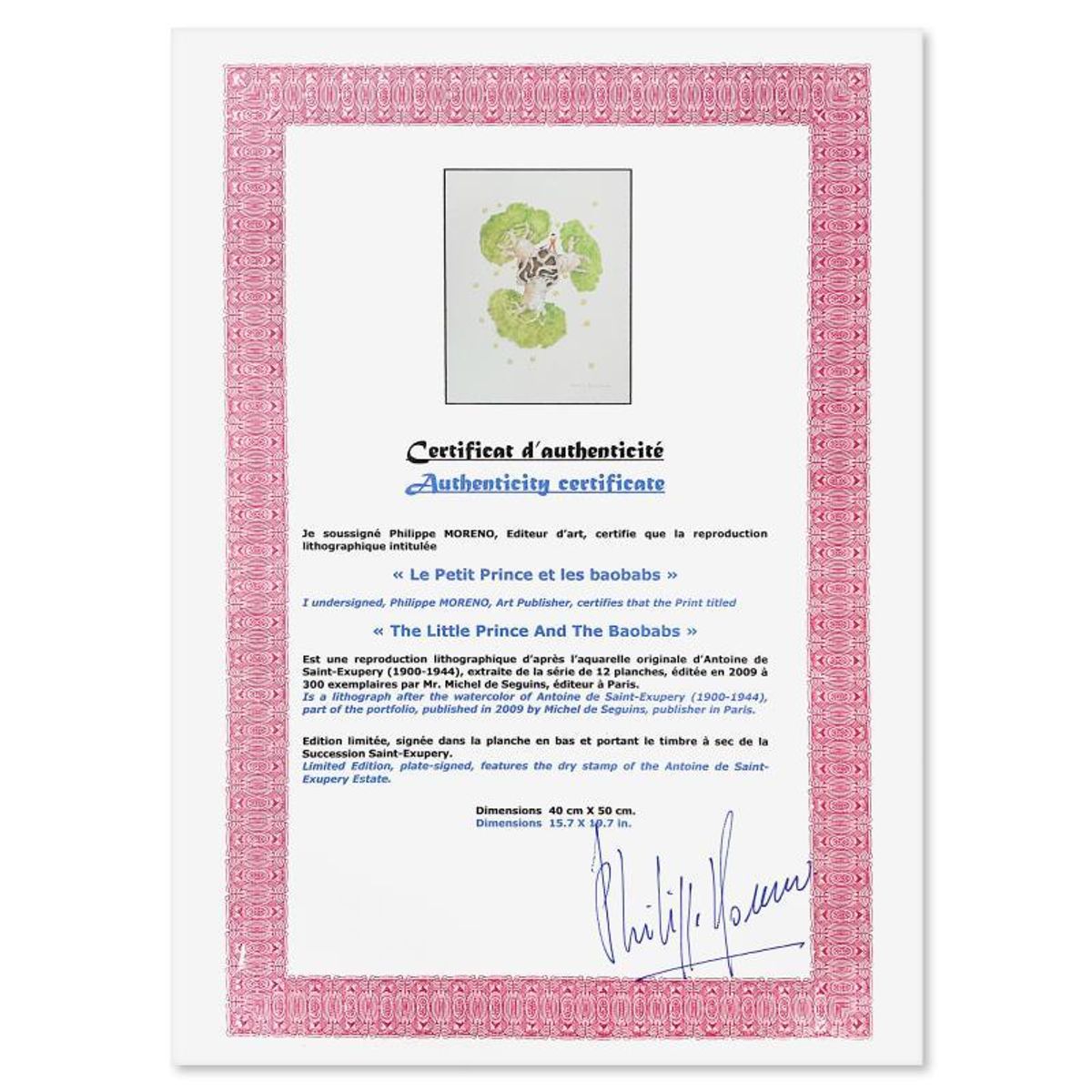 Antoine de Saint-Exupery 1900-1944 (After), "The Little Prince And The Baobabs" Framed Limited Edition Lithograph with Certificate of Authenticity.