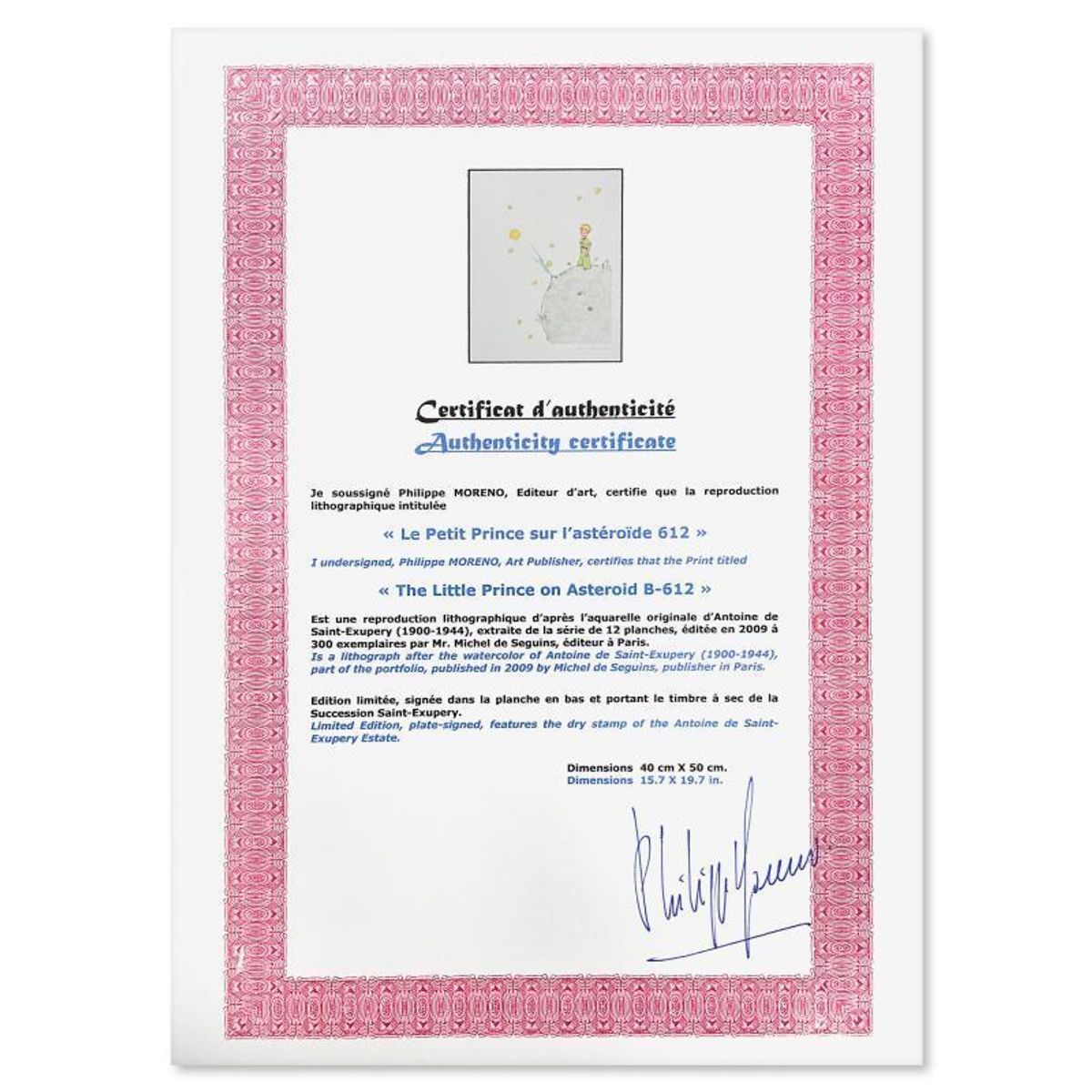 Antoine de Saint-Exupery 1900-1944 (After), "The Little Prince On Asteroid B-612" Framed Limited Edition Lithograph with Certificate of Authenticity.