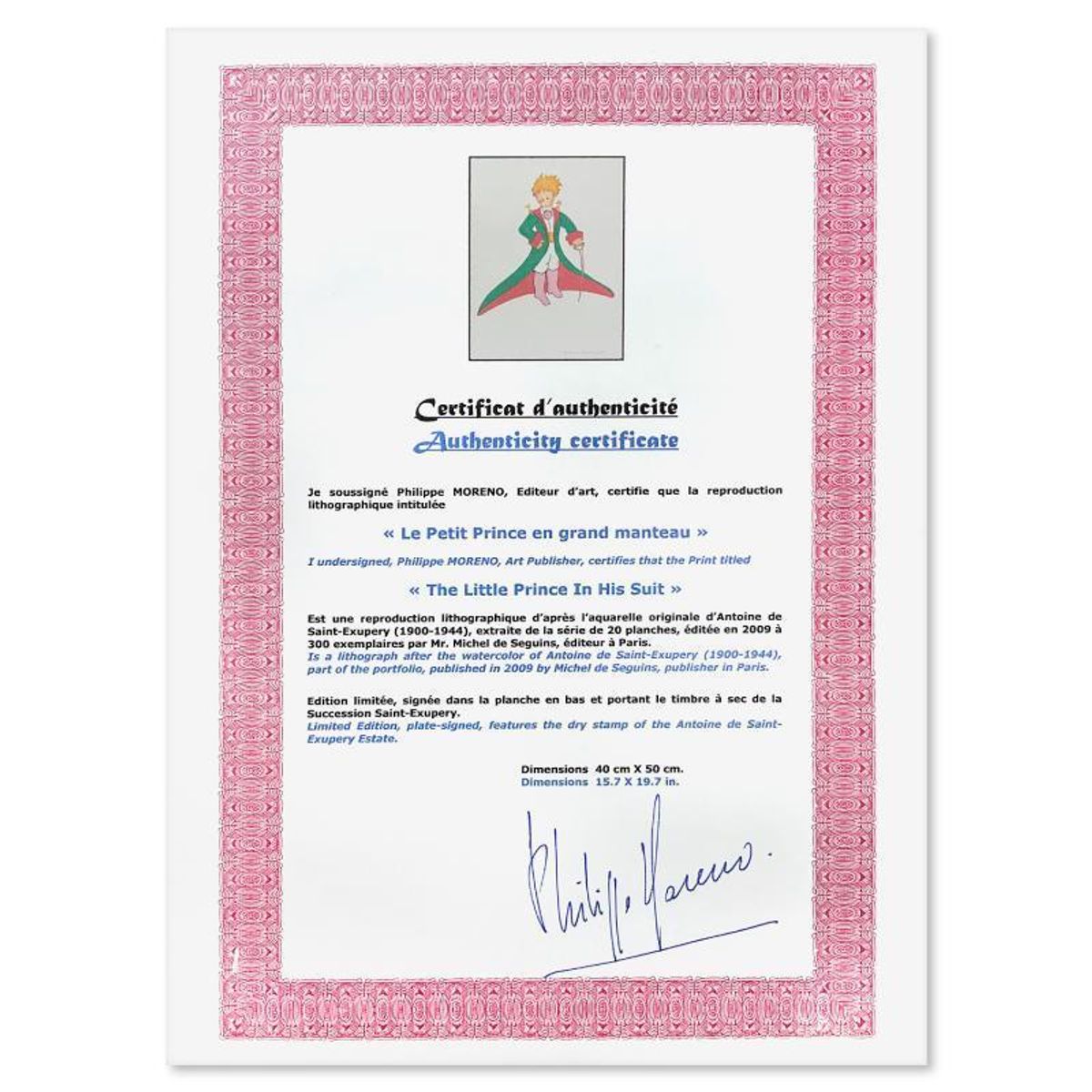 Antoine de Saint-Exupery 1900-1944 (After), "The Little Prince In His Suit" Framed Limited Edition Lithograph with Certificate of Authenticity.