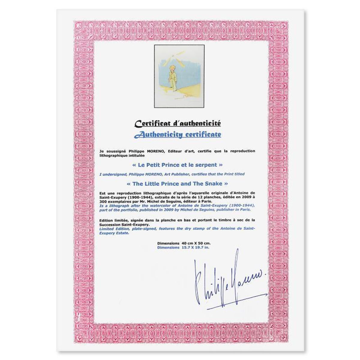 Antoine de Saint-Exupery 1900-1944 (After), "The Little Prince And The Snake at the Wall" Framed Limited Edition Lithograph with Certificate of Authenticity.