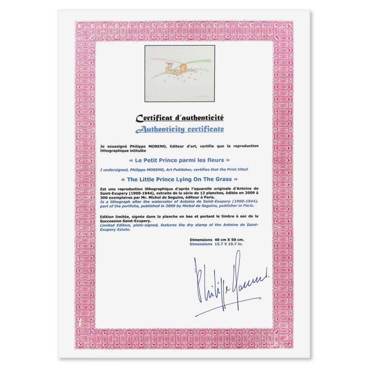 Antoine de Saint-Exupery 1900-1944 (After), "The Little Prince Lying On The Grass" Framed Limited Edition Lithograph with Certificate of Authenticity.