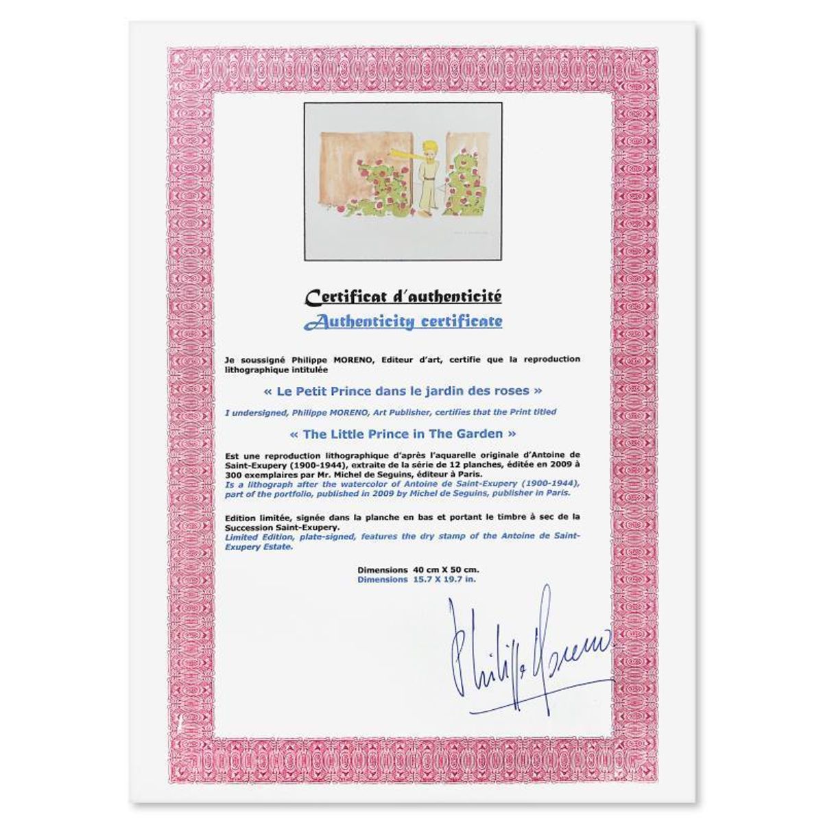 Antoine de Saint-Exupery 1900-1944 (After), "The Little Prince In The Garden" Framed Limited Edition Lithograph with Certificate of Authenticity.