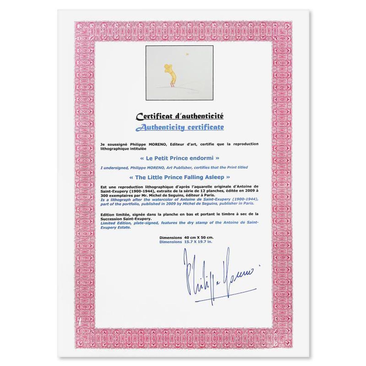 Antoine de Saint-Exupery 1900-1944 (After), "The Little Prince Falling Asleep" Framed Limited Edition Lithograph with Certificate of Authenticity.