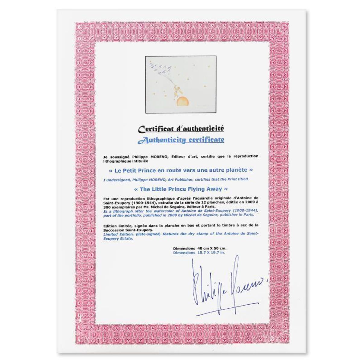 Antoine de Saint-Exupery 1900-1944 (After), "The Little Prince Flying Away" Framed Limited Edition Lithograph with Certificate of Authenticity.