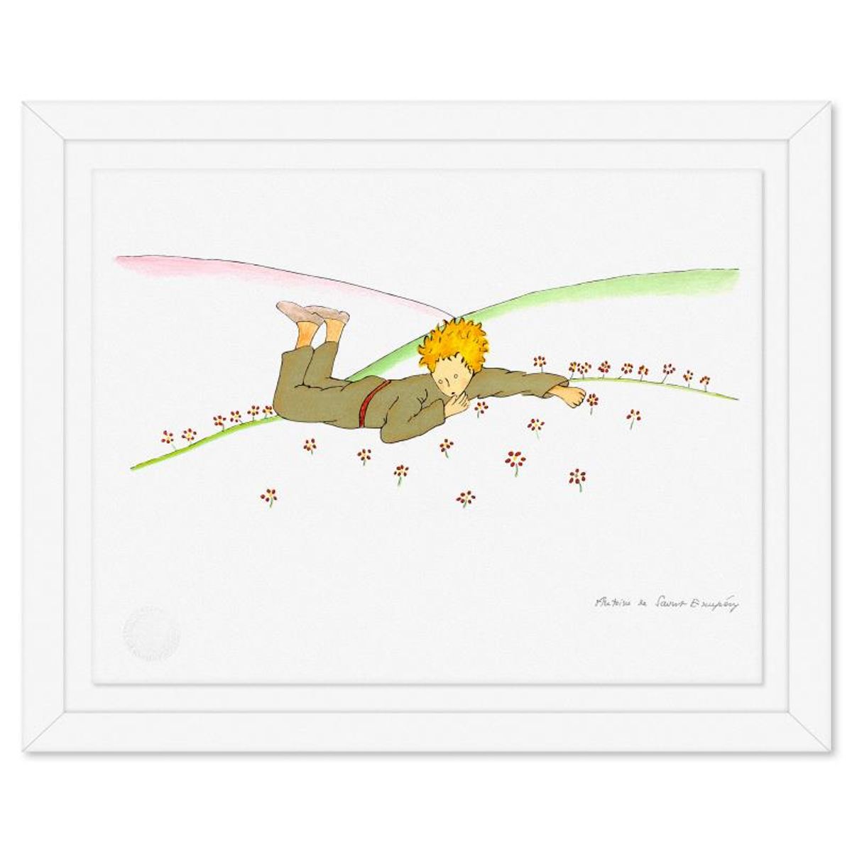 Antoine de Saint-Exupery 1900-1944 (After), "The Little Prince Lying On The Grass" Framed Limited Edition Lithograph with Certificate of Authenticity