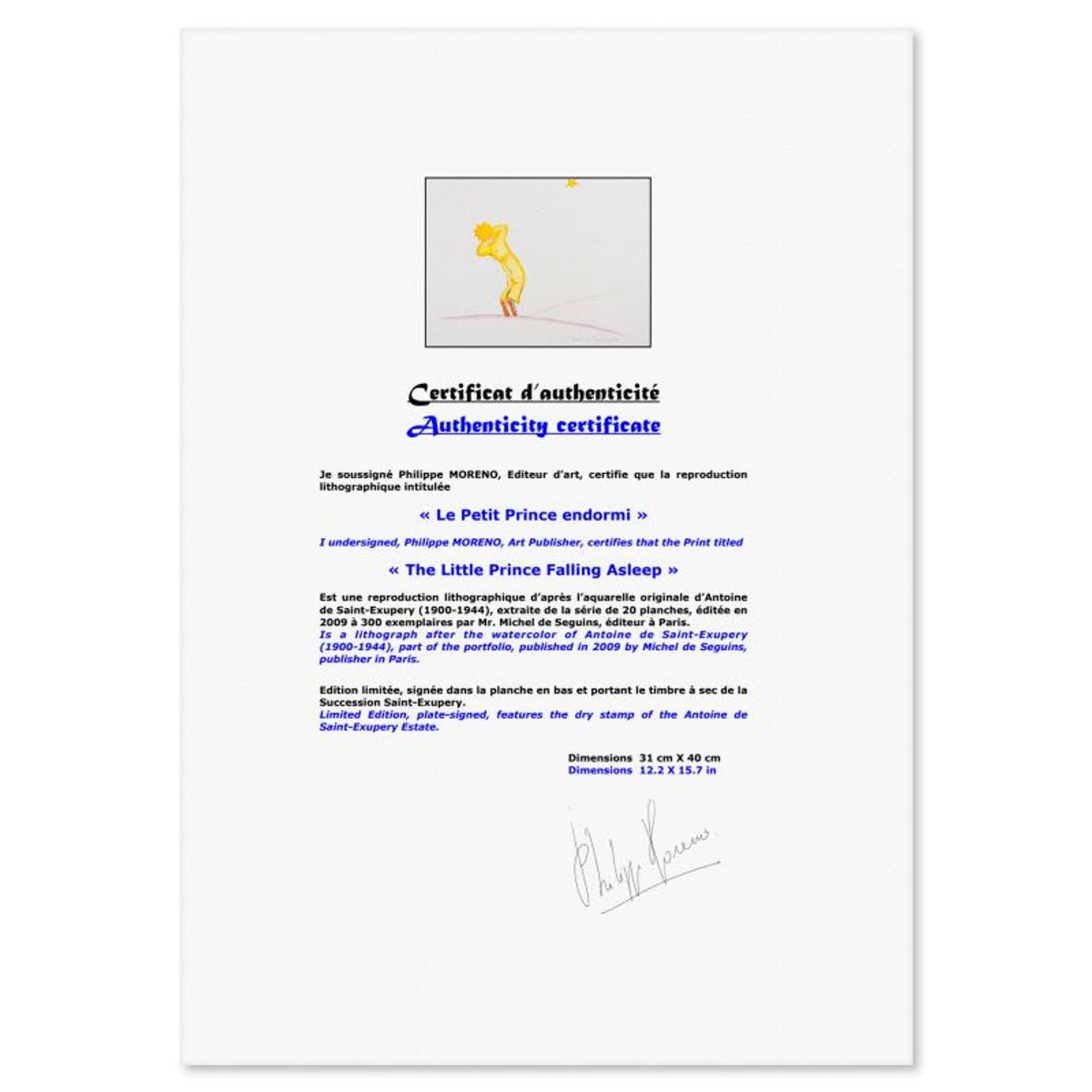 Antoine de Saint-Exupery 1900-1944 (After), "The Little Prince Falling Asleep" Framed Limited Edition Lithograph with Certificate of Authenticity