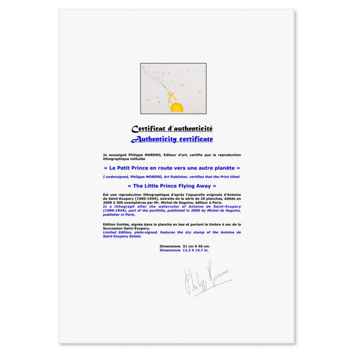 Antoine de Saint-Exupery 1900-1944 (After), "The Little Prince Flying Away" Framed Limited Edition Lithograph with Certificate of Authenticity