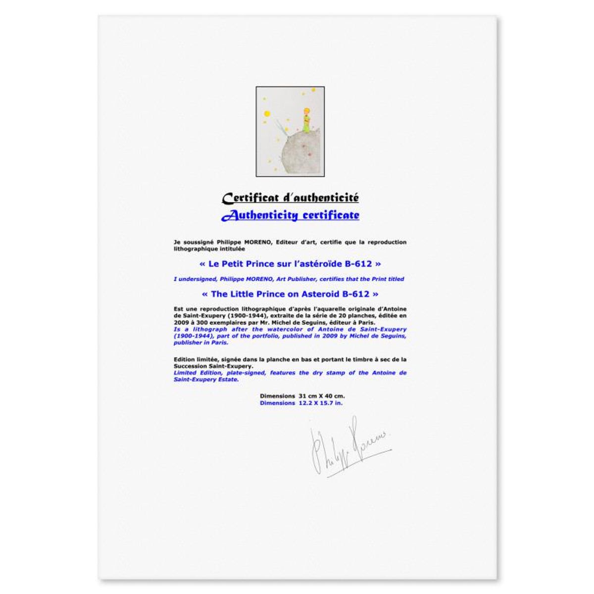 Antoine de Saint-Exupery 1900-1944 (After), "The Little Prince On Asteroid B-612" Framed Limited Edition Lithograph with Certificate of Authenticity