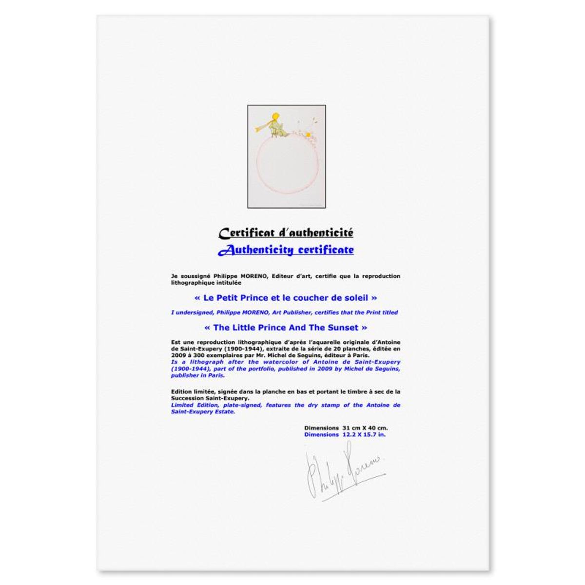 Antoine de Saint-Exupery 1900-1944 (After), "The Little Prince And The Sunset" Framed Limited Edition Lithograph with Certificate of Authenticity