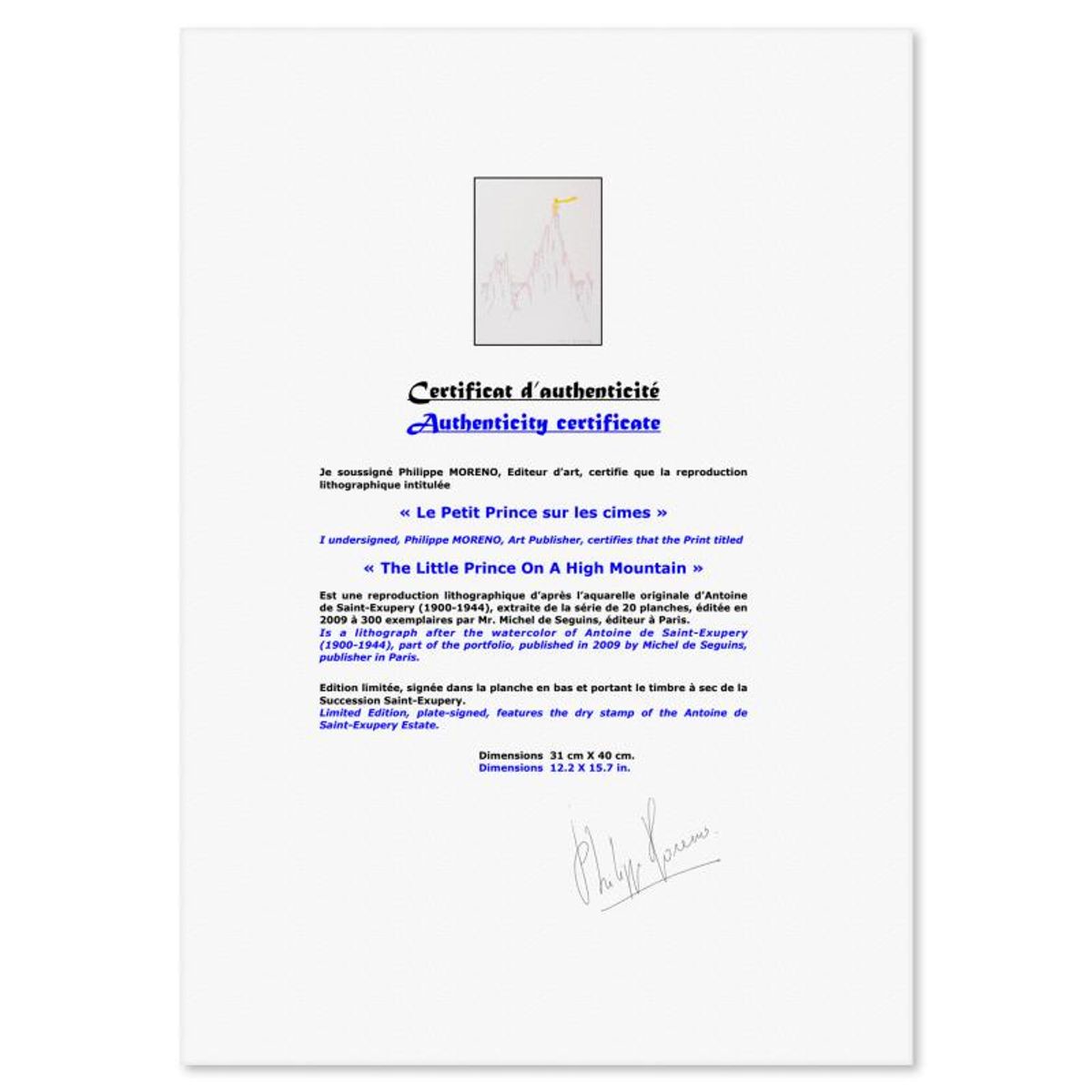 Antoine de Saint-Exupery 1900-1944 (After), "The Little Prince On A High Mountain" Framed Limited Edition Lithograph with Certificate of Authenticity