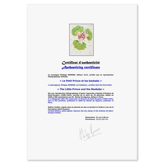 Antoine de Saint-Exupery 1900-1944 (After), "The Little Prince And The Baobabs" Framed Limited Edition Lithograph with Certificate of Authenticity