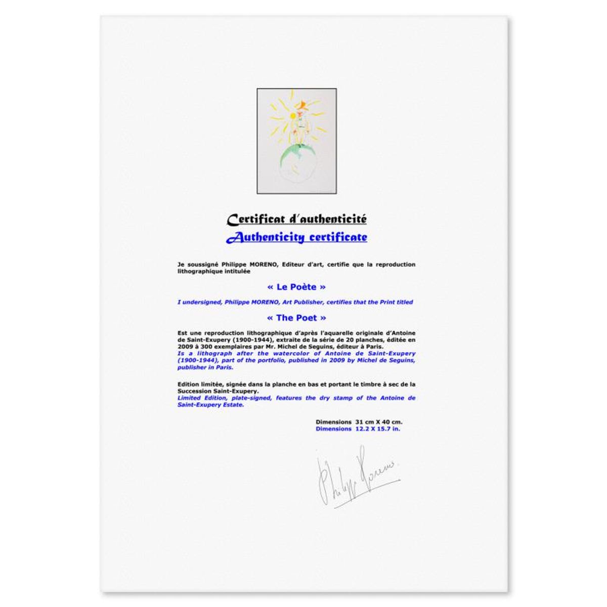 Antoine de Saint-Exupery 1900-1944 (After), "The Poet" Framed Limited Edition Lithograph with Certificate of Authenticity