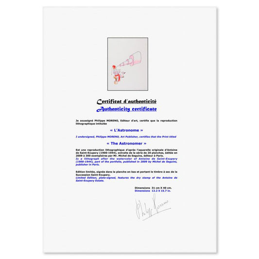 Antoine de Saint-Exupery 1900-1944 (After), "The Astronomer" Framed Limited Edition Lithograph with Certificate of Authenticity