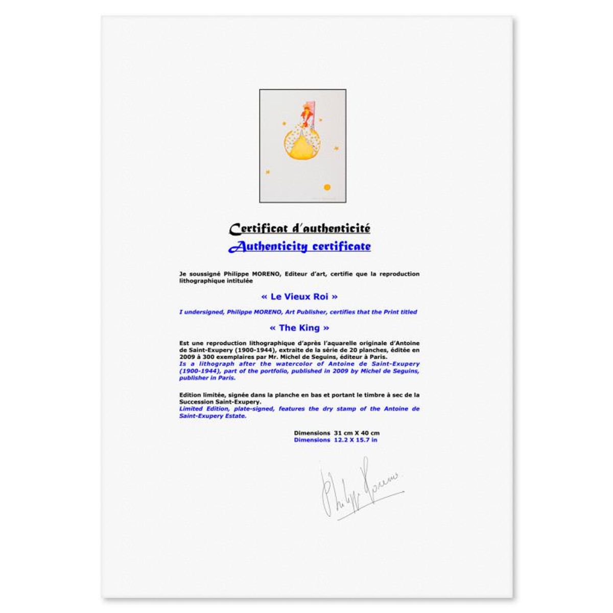Antoine de Saint-Exupery 1900-1944 (After), "The King" Framed Limited Edition Lithograph with Certificate of Authenticity