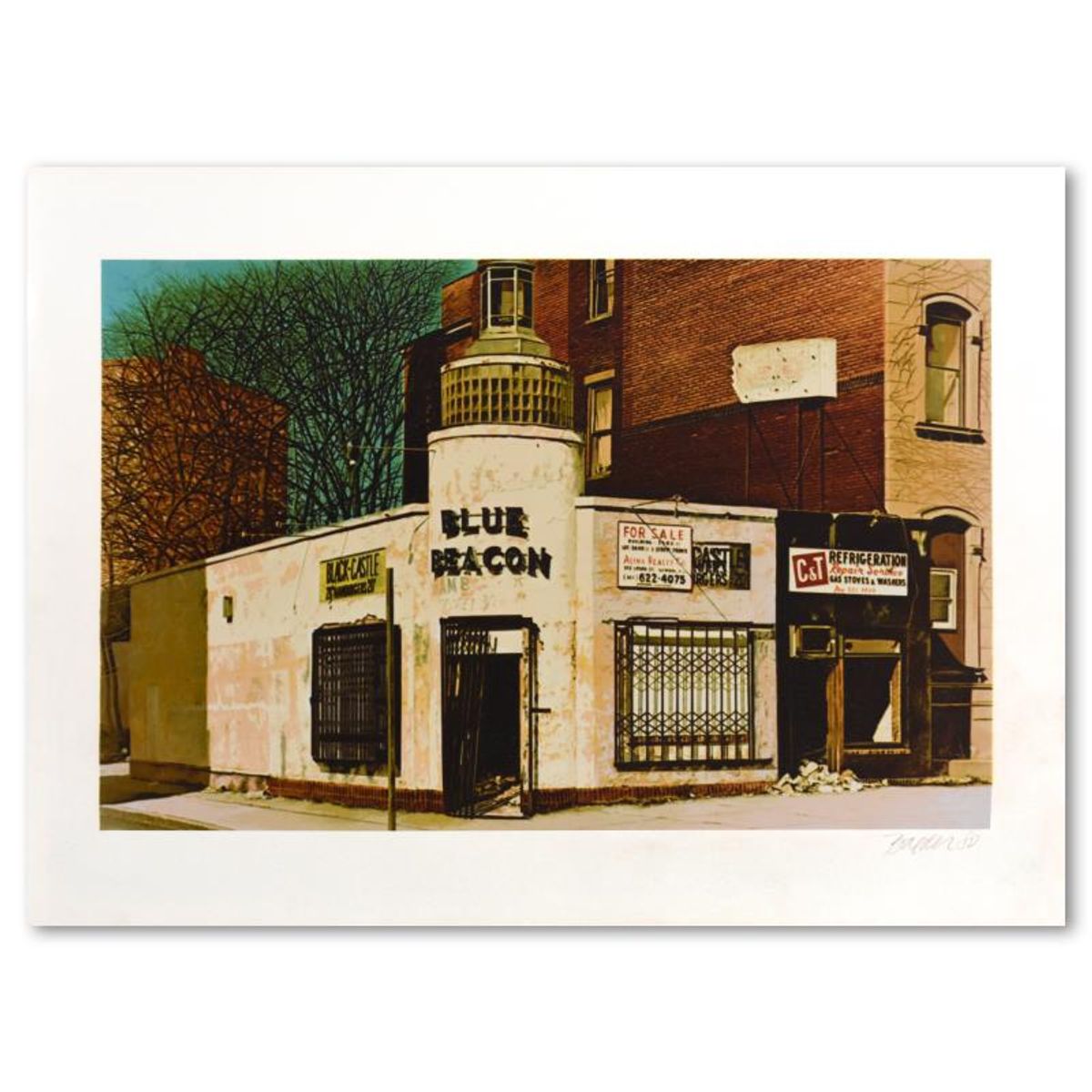 John Baeder, "Blue Beacon" Limited Edition Silkscreen, Numbered and Hand Signed with Letter of Authenticity.