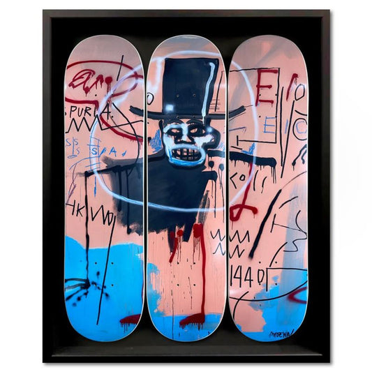 Jean-Michel Basquiat (1960-1988), "The Guilt of Gold Teeth, 1982" Framed Skateboard Triptych, Plate Signed with Letter of Authenticity.